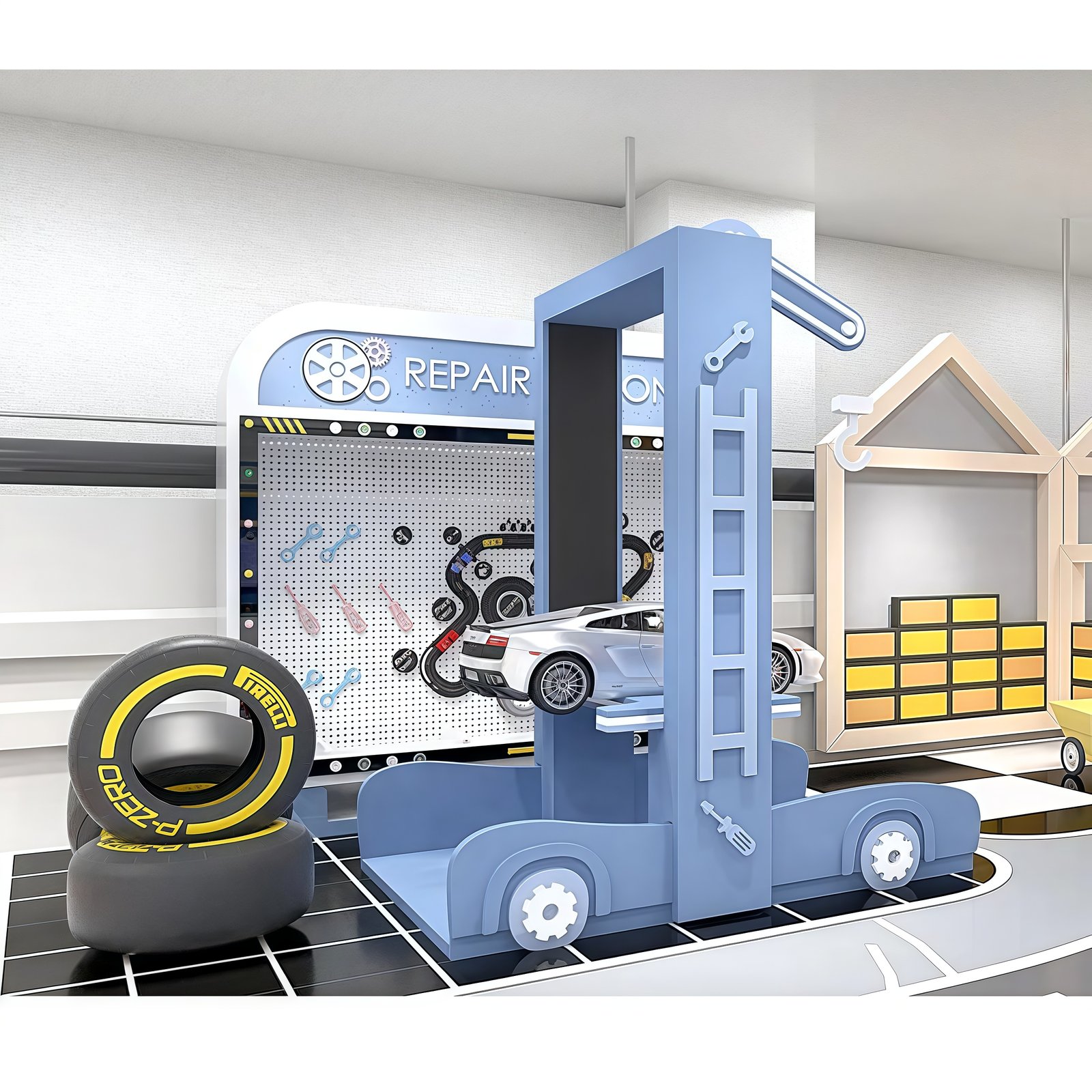 Themed indoor playground equipment showing jungle adventure, ocean world and fairy tale castle themes