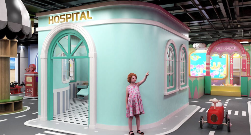 what is role play or pretend play game center for kids play area? here is a hostpical theme indoor playground