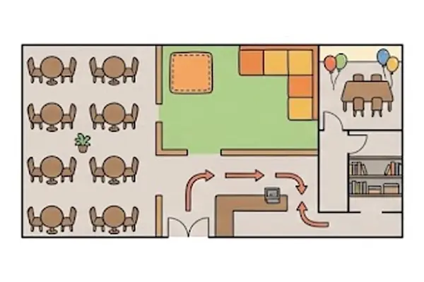 Indoor Play Cafe Design project should include space planing for seating, play zones and etc.,