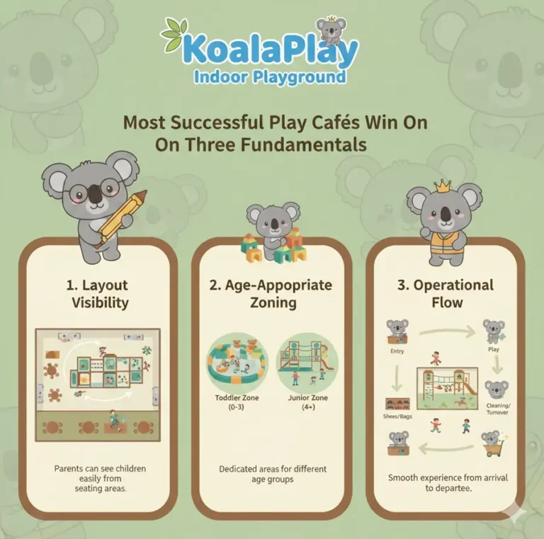 Most successful play cafés win on three fundamentals: layout visibility, age-appropriate zoning, and operational flow (entry → shoes/bags → seating → play → cleaning/turnover).