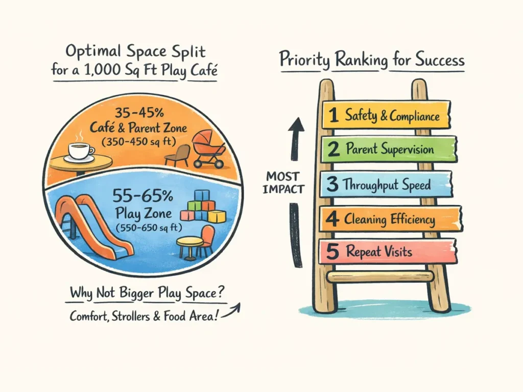 infographic showing the recommended space split for a 1,000 sq ft play café—55–65% play zone and 35–45% café/parent zone—plus a ranked priority ladder for success: safety & compliance, parent supervision, throughput speed, cleaning efficiency, and repeat visits.
