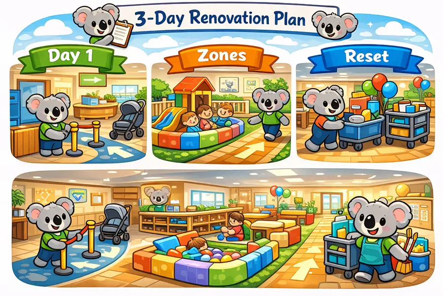 Three-day play café renovation plan overview showing flow fixes, zone changes, and reset setup