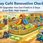 mage that clearly conveys “3-day play café upgrades” with an indoor play café scene (entrance flow, toddler zone, seating sightlines, walkway, and a cleaning/reset cart