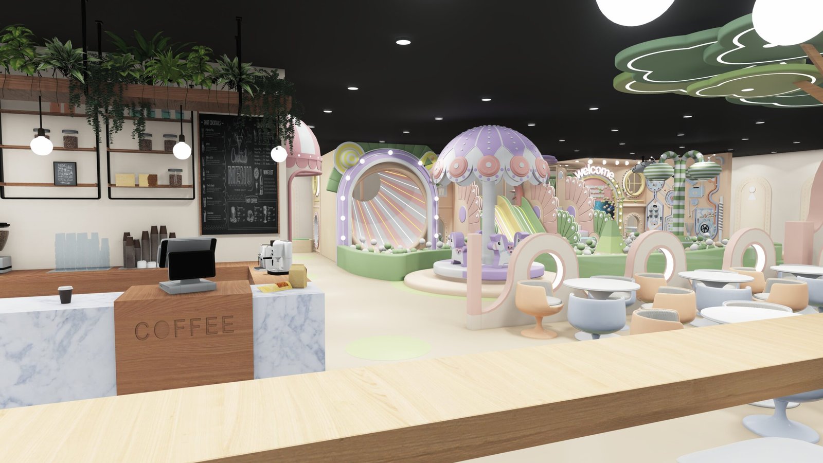Custom indoor playground design showing 3D visualization of themed play space for commercial venue