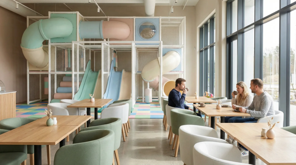 A modern 500 sqm play cafe interior: pastel-toned soft play structure in the background, with a Scandinavian-style parent seating area in the foreground offering clear sightlines to the play zone