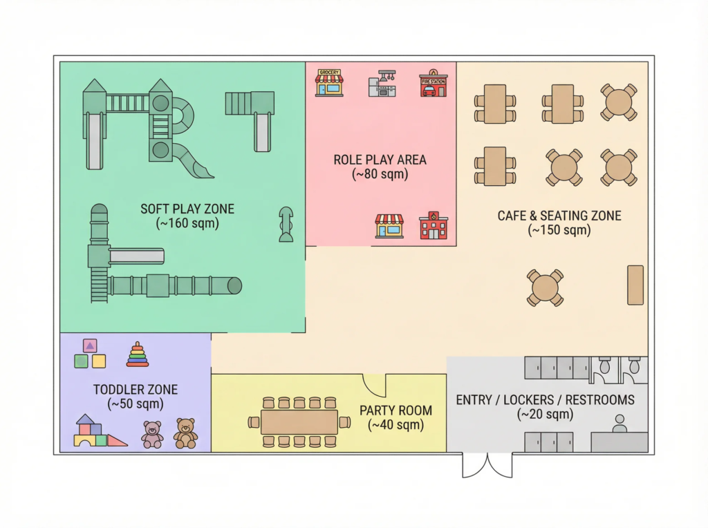 500sqm Play cafe cost and layout with activity zones