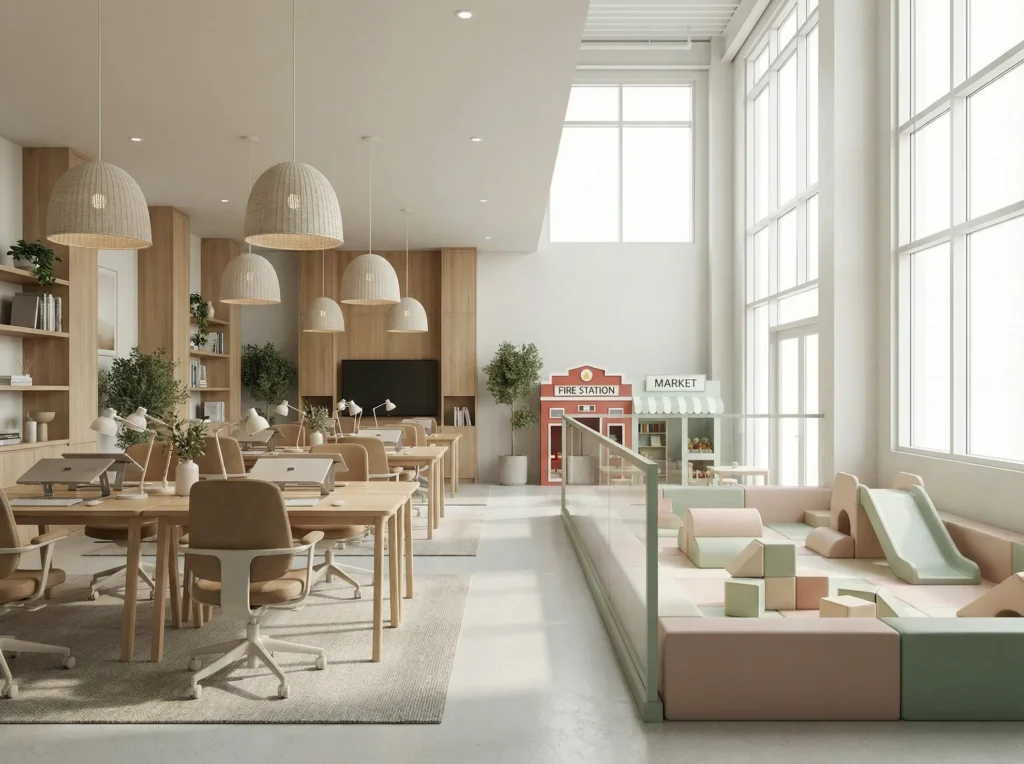 Hybrid coworking play cafe with parent workspace and glass partition