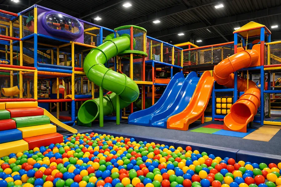 A professional, high-resolution photo of a modern, large-scale commercial indoor playground with vibrant colors, multi-level structures, slides, and a ball pit.