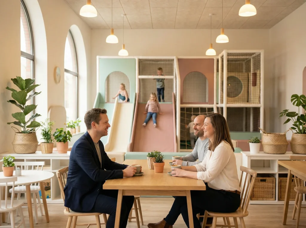 Parents sitting in a play cafe with clear sightlines to the soft play area