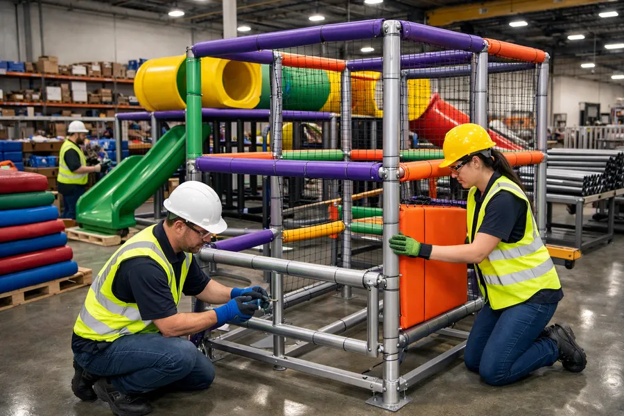 A clean, organized factory floor showing the manufacturing process of indoor playground equipment. High-quality steel frames, soft padding materials, and colorful plastic components are visible.