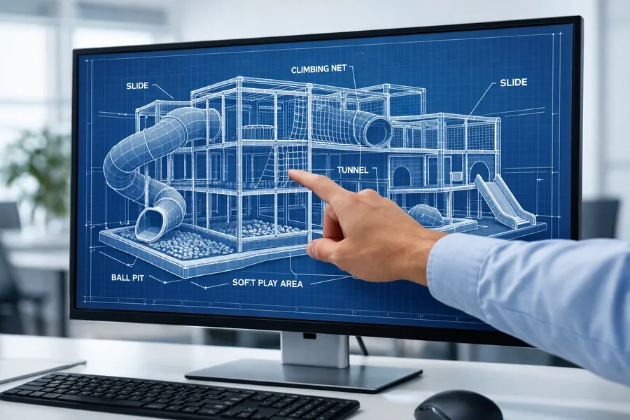 A professional architectural 3D blueprint of a modern indoor playground, showing multi-level play structures, slides, and safety padding.