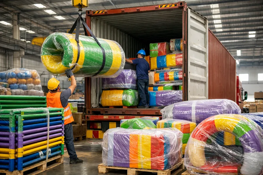 A large shipping container being carefully loaded with colorful indoor playground components at a factory.