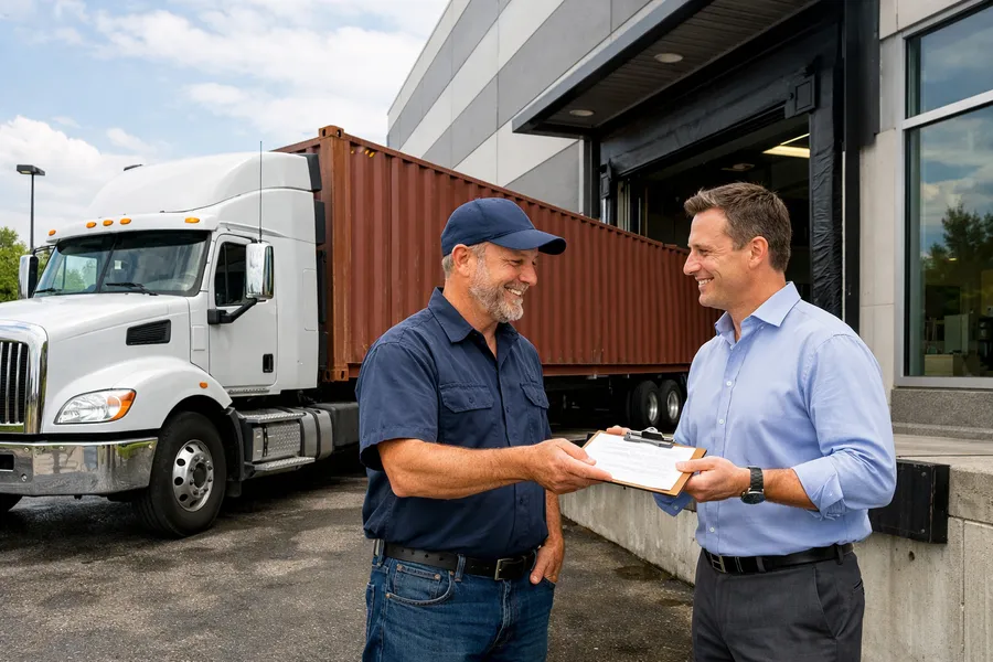 A professional truck delivering a large shipping container to a modern commercial building in a suburban US setting.