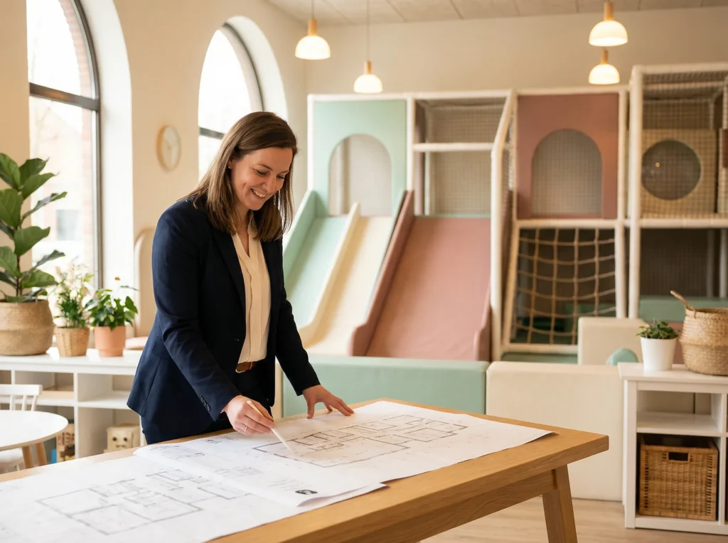 Indoor playground business owner reviewing architectural floor plans