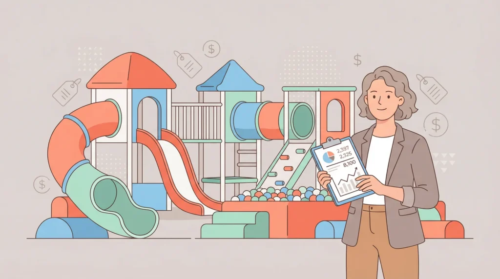  indoor playground equipment cost guide hero — business owner with budget clipboard in front of commercial play structures