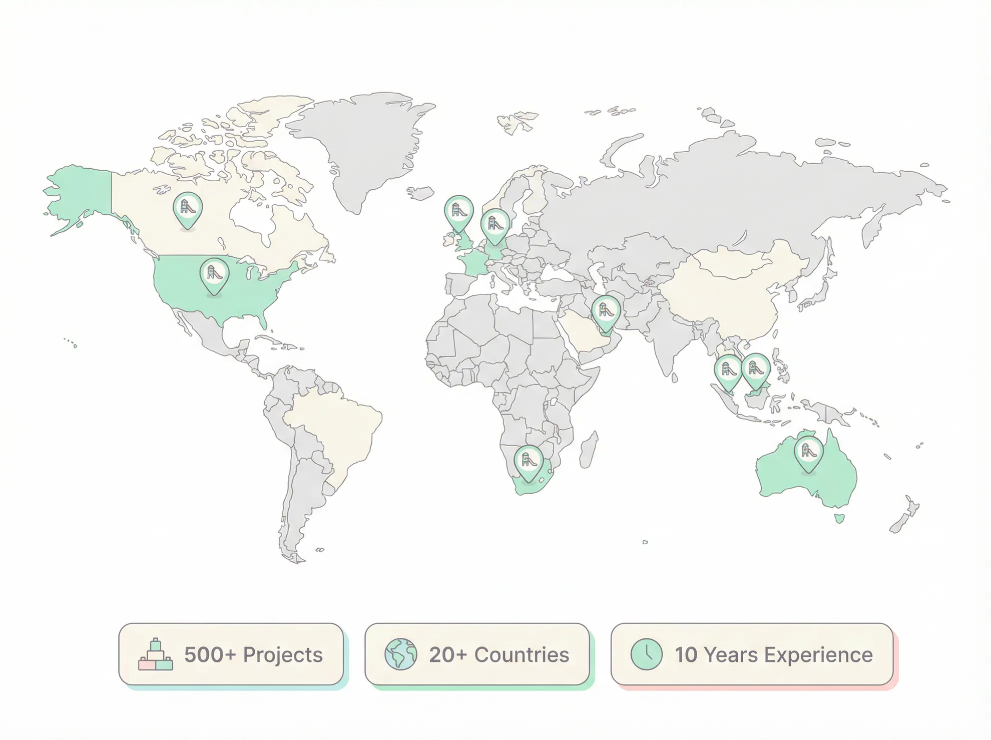 Koalaplay global indoor playground projects map showing 500+ projects in 20+ countries