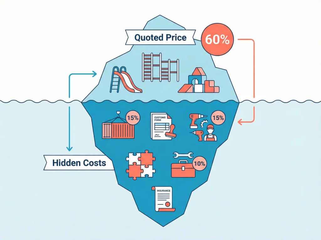 indoor playground total cost breakdown iceberg — quoted equipment price visible above waterline, hidden costs of shipping customs installation and maintenance below