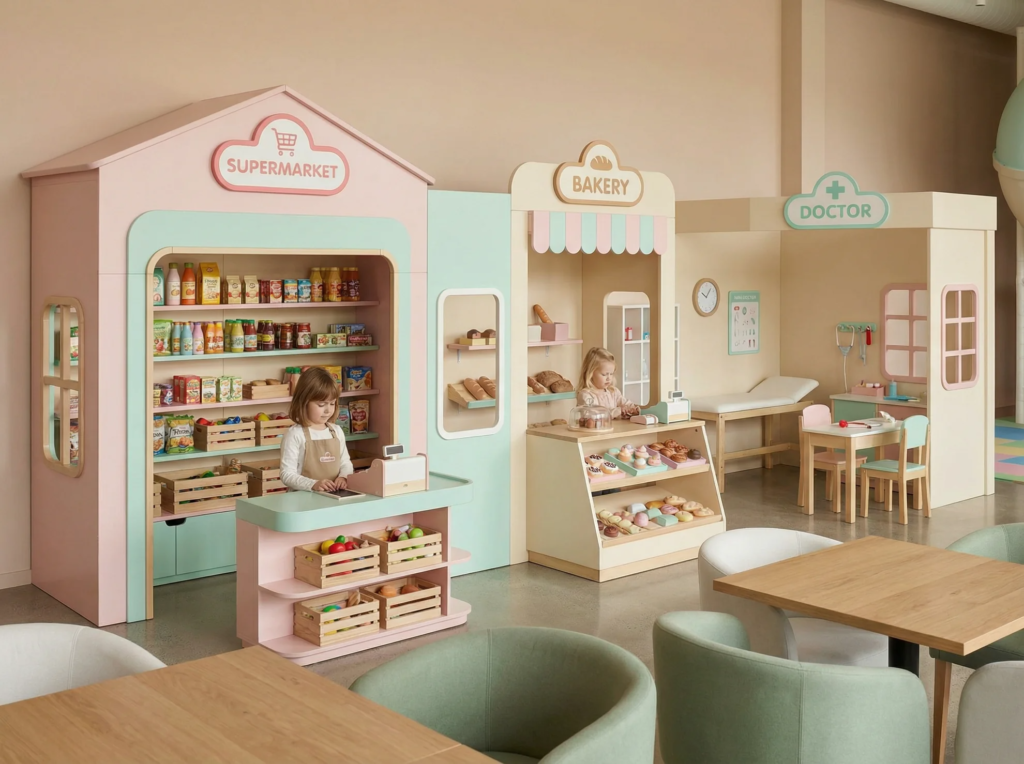 kids-role-play-area-play-cafe,featuring a miniature supermarket, bakery, and doctor's clinic, built with safe, non-toxic materials in a consistent pastel color palette.