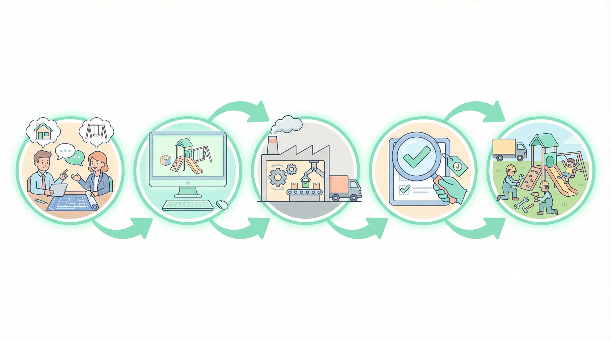 Koalaplay 5-step indoor playground service process: consultation, 3D design, manufacturing, quality inspection, installation