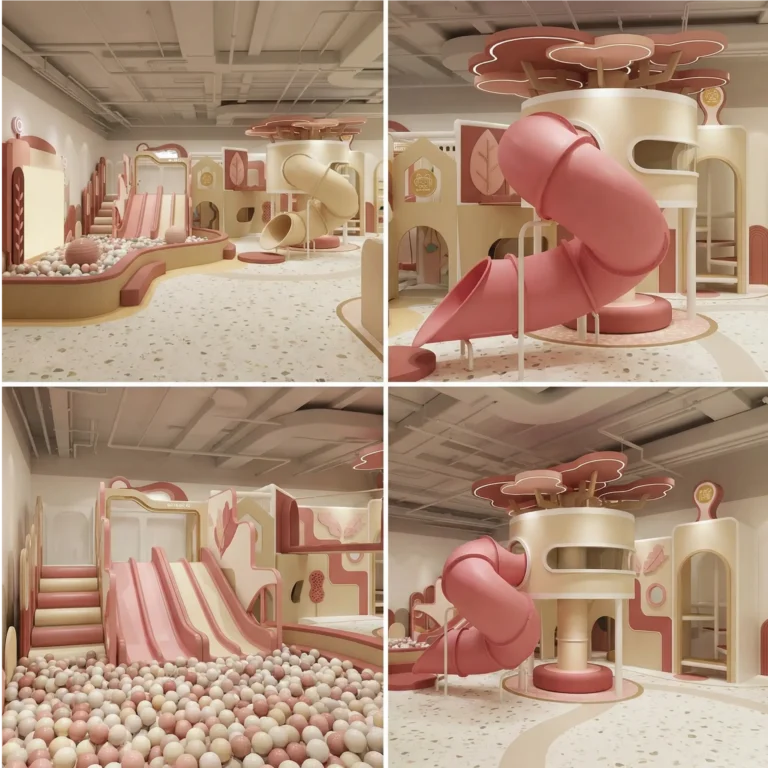 This Play Café concept by Koalaplay combines a tree-inspired play tower, pink tube slide, ball pit, and connected play elements in one cohesive indoor space.