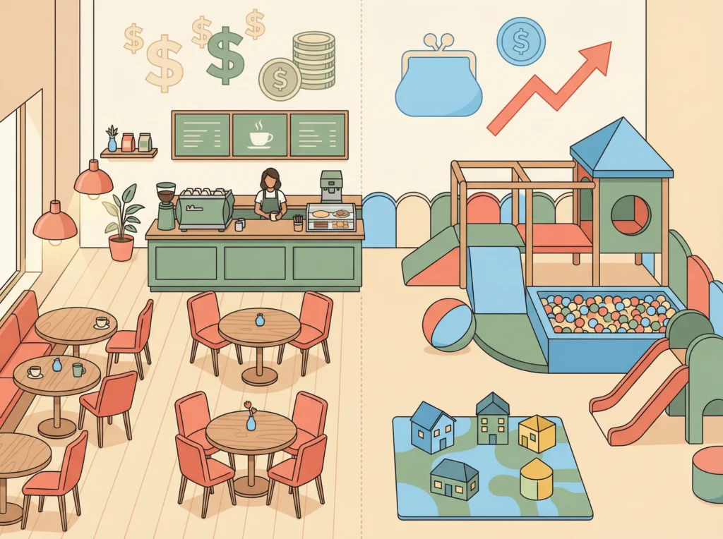 play cafe equipment setup cost — split view of cafe seating area and children's soft play zone with budget icons