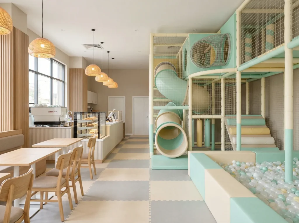 Children's role play cafe with miniature pretend town shops