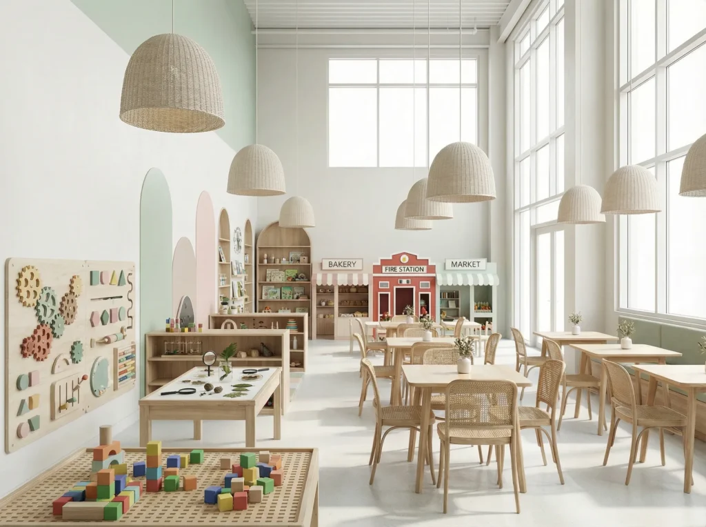 STEM and educational play cafe with wooden learning stations