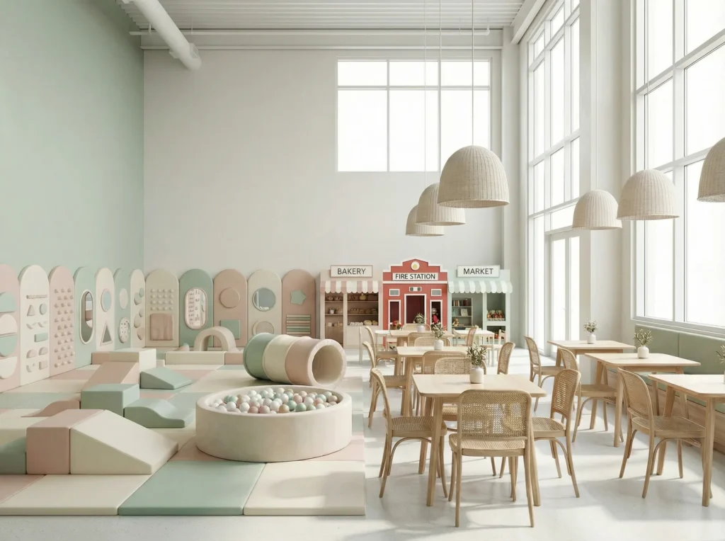 Calm toddler play cafe with soft foam sensory equipment