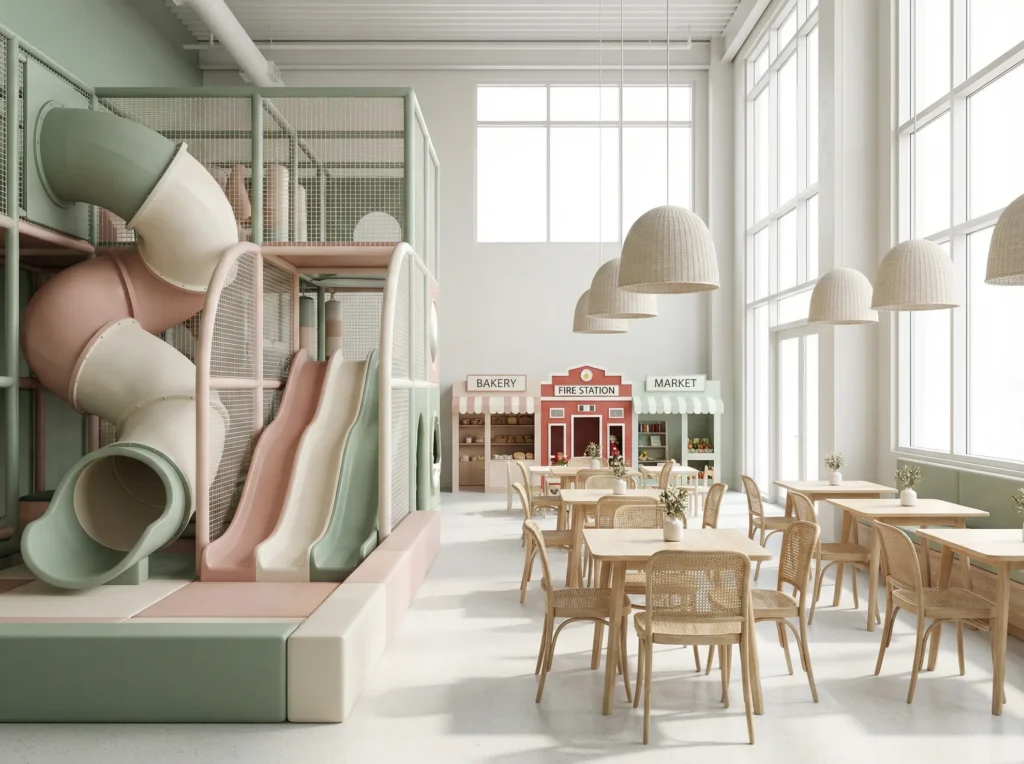 Classic soft play cafe with pastel playground structure