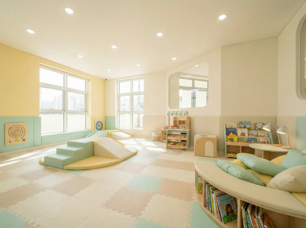 A modern, experience-led daycare indoor playground uses cohesive pastel colors and low-profile equipment to create a calming, premium environment that parents instantly trust.