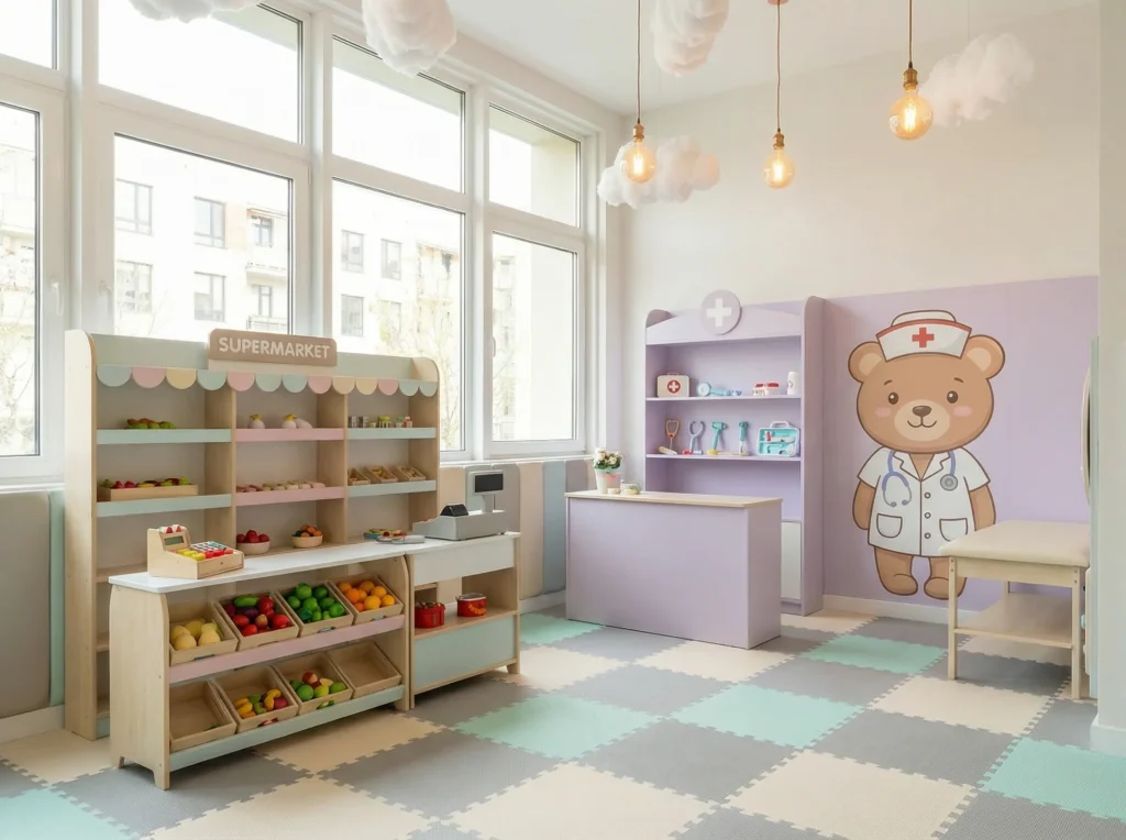 Daycare role play zone with pastel supermarket and clinic