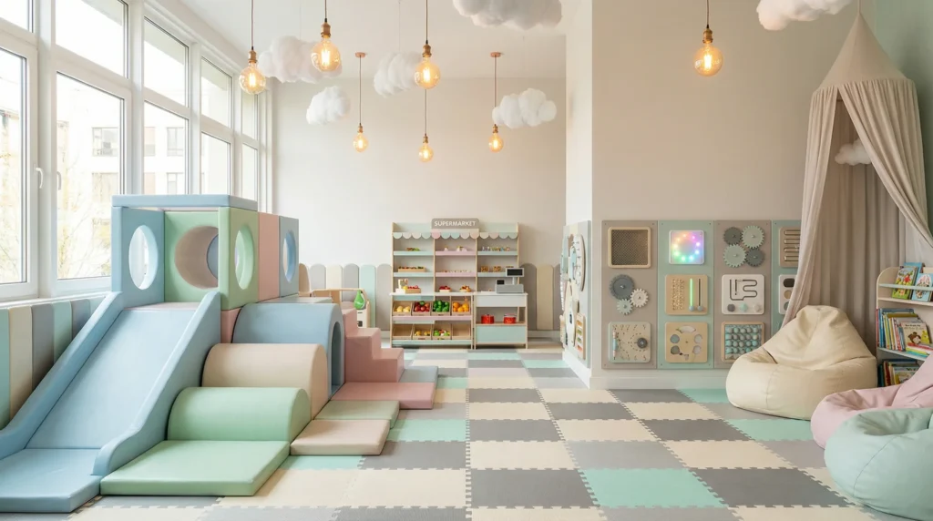 Premium daycare indoor playground featuring soft play and role play areas