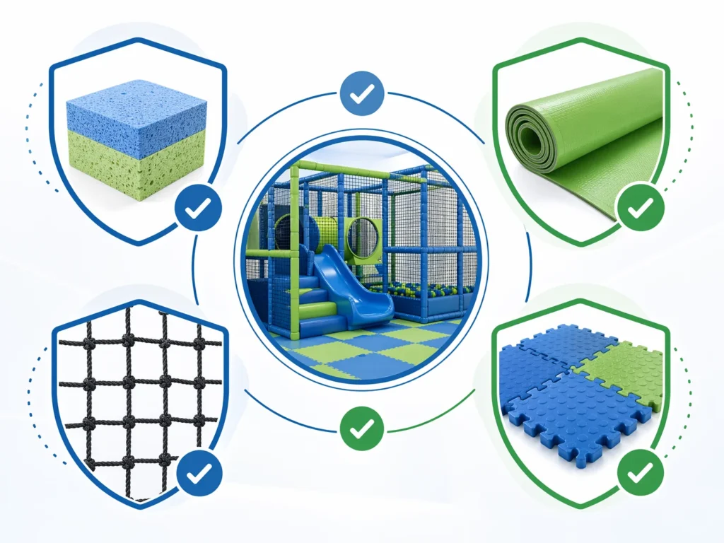 A clean and professional infographic showing safety standards for soft play areas. Icons representing high-density foam, non-toxic vinyl, safety netting, and impact-absorbing flooring. Minimalist design, professional color scheme (blues and greens), clear and easy to understand. No text labels.