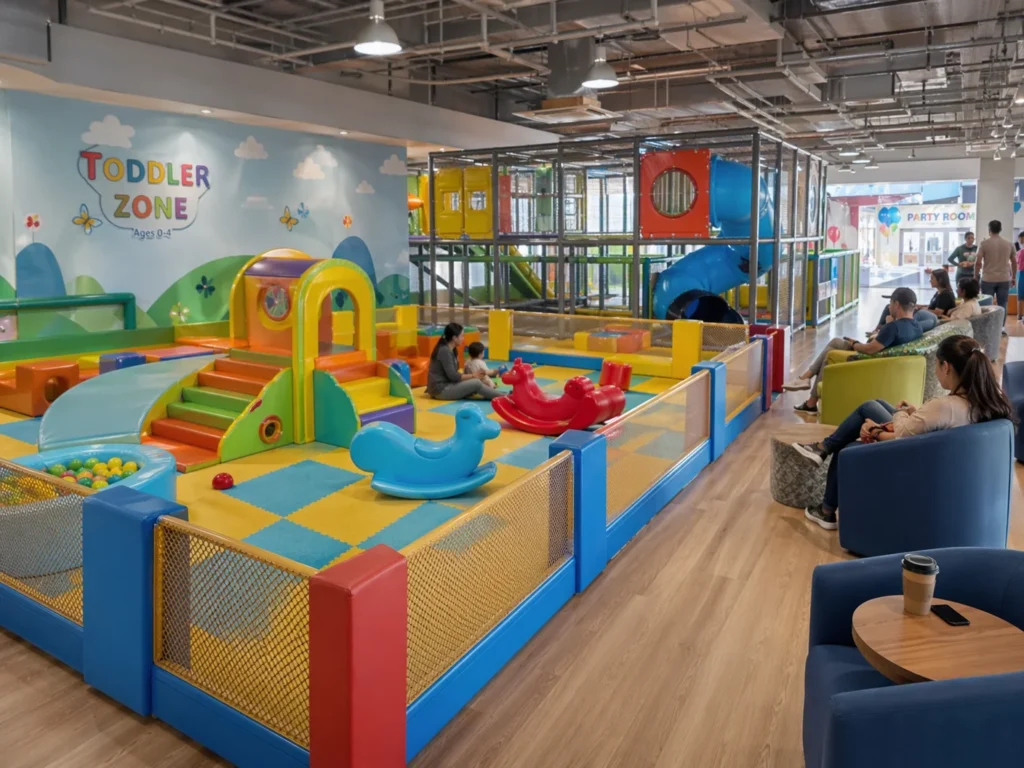 A real-world commercial indoor playground scene showing a dedicated toddler soft play zone separated from the main play area by a low, soft-padded fence. Parents are sitting nearby in a comfortable seating area. High-quality commercial photography, bright and airy, showing clear zoning and safety layout.