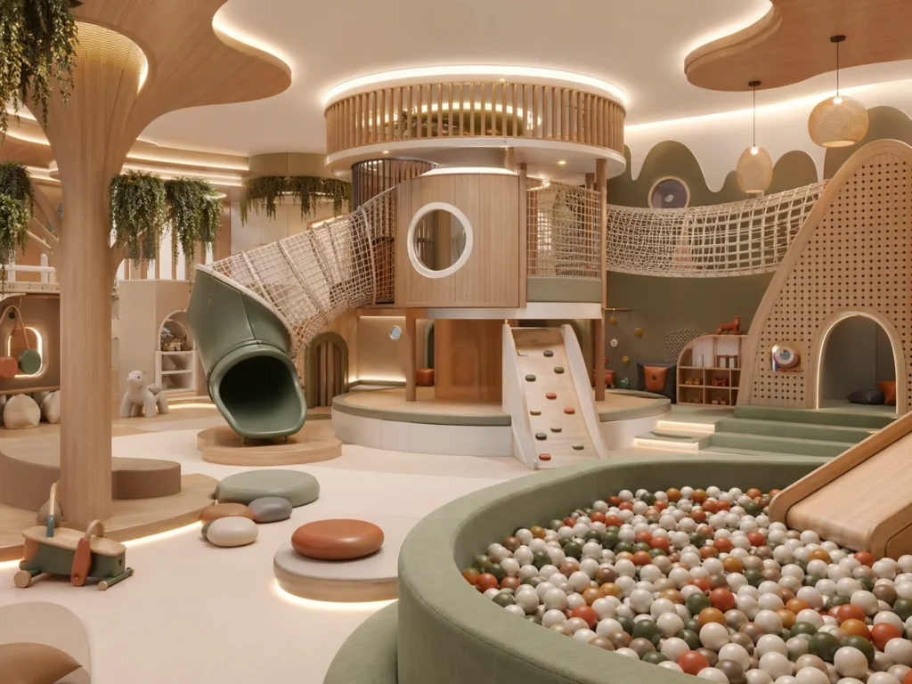 A modern 3D architectural render of a futuristic toddler soft play area. Natural wood elements mixed with soft padding, organic shapes, neutral tones (beige, sage green, terracotta), integrated sensory lighting. Very aesthetic and trend-focused design.