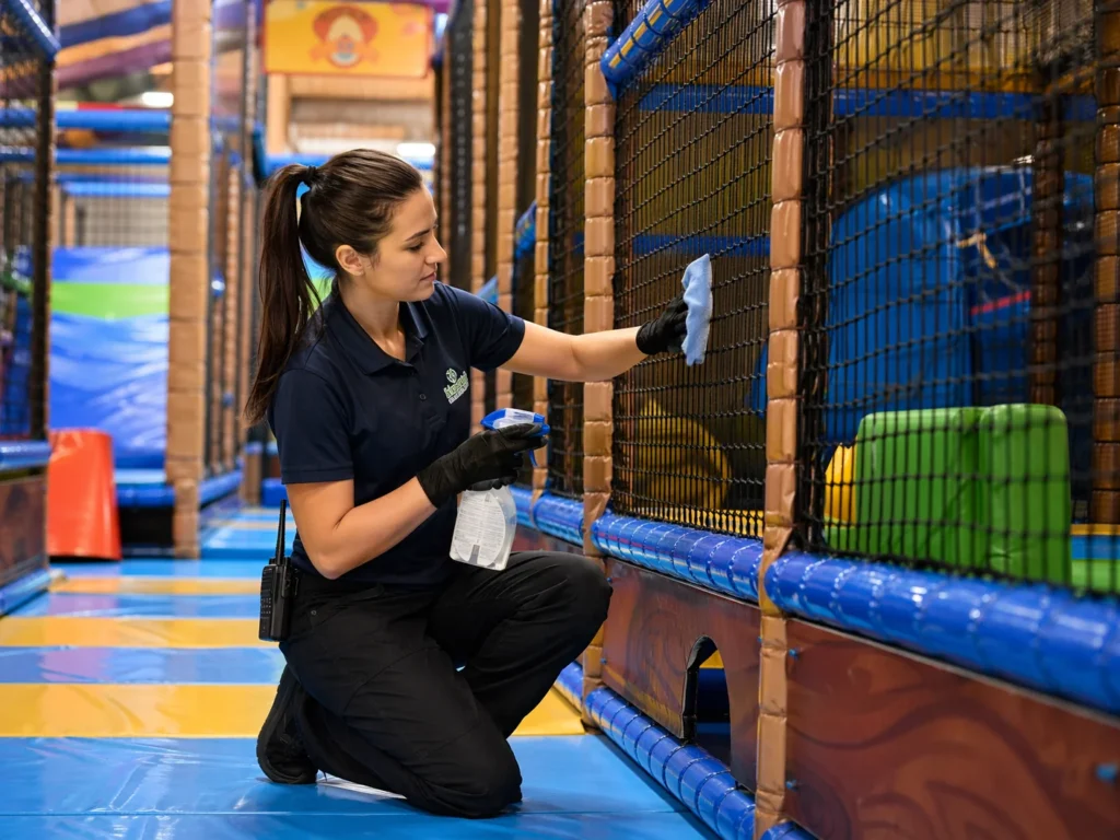 A professional maintenance scene in a commercial indoor playground. A staff member in uniform is performing a safety check on the netting and cleaning the soft surfaces. Professional, clean, and reassuring atmosphere. High-quality photography.