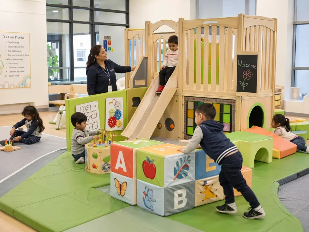 A soft play area installed inside a modern preschool or school setting. Children are playing under teacher supervision. The equipment is educational and durable, featuring sensory panels and alphabet blocks. Real-scene photography, natural lighting.