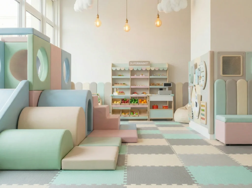 Daycare playground safety features including foam mats and padded edges