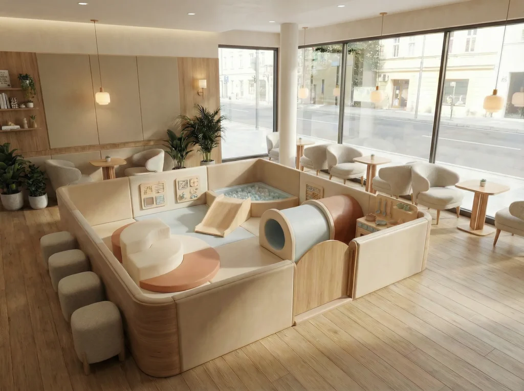 Play cafe layout for indoor playground equipment for ages 2-5