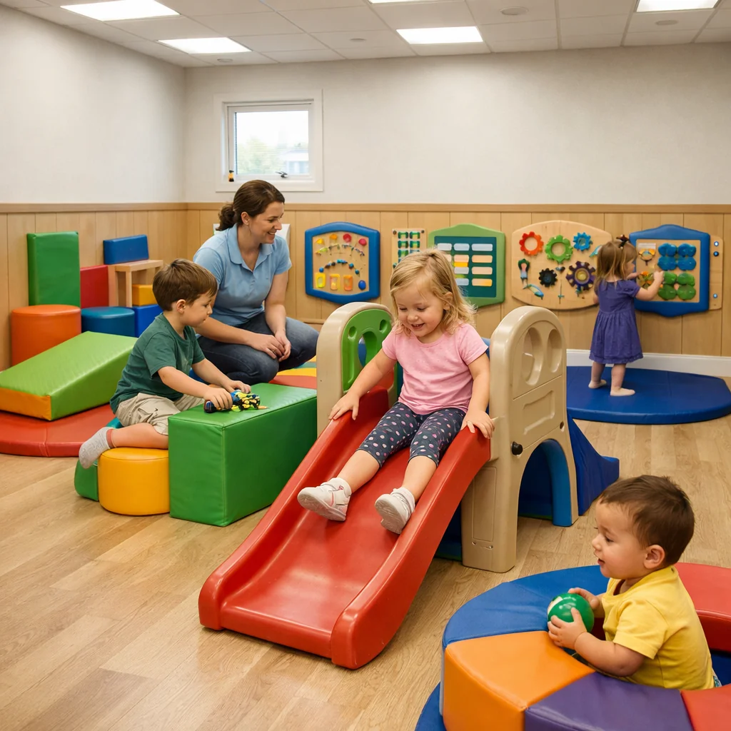 Real-world commercial scene of a compact indoor playground in a daycare center