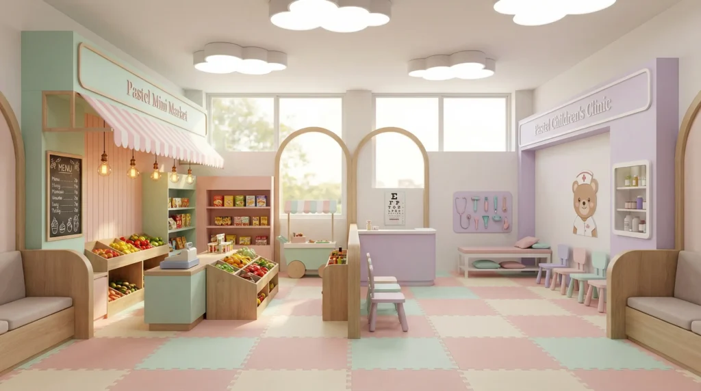 Immersive role play areas, like this pastel market and clinic, encourage cooperative play and serve as a major selling point for prospective parents touring your facility.