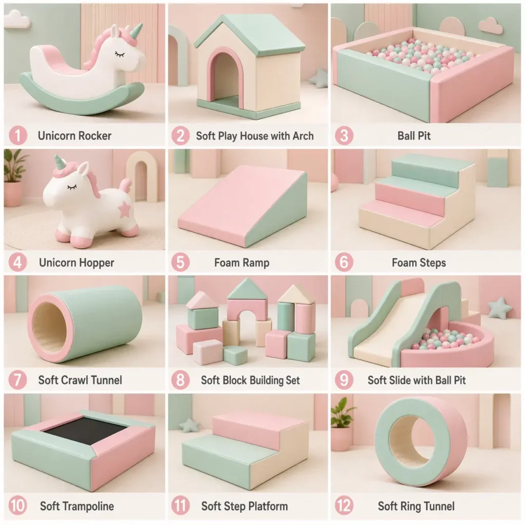 soft play set up list unicorn pink and blue design style