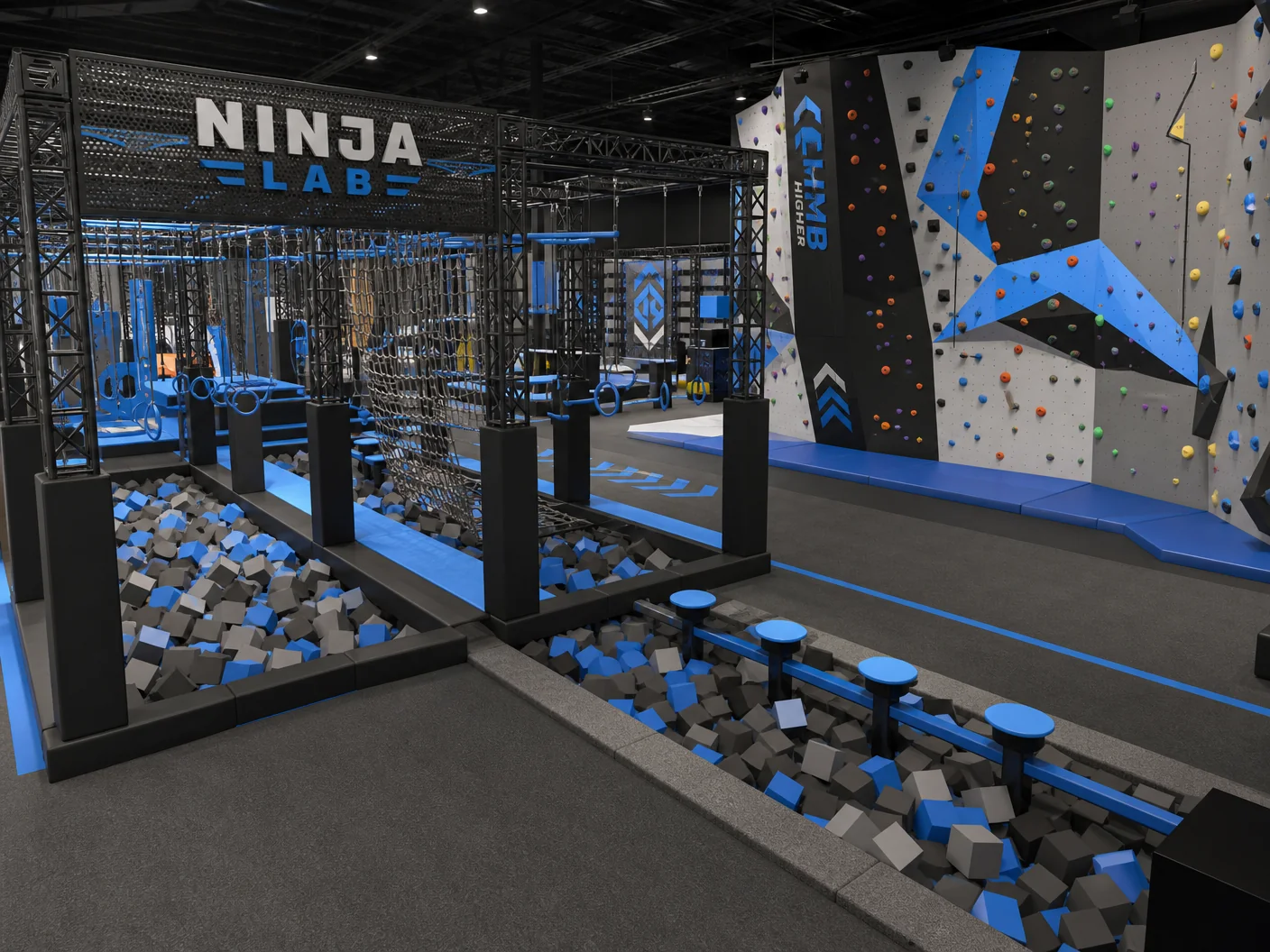 3D render-style visual of a modern ninja course and climbing wall