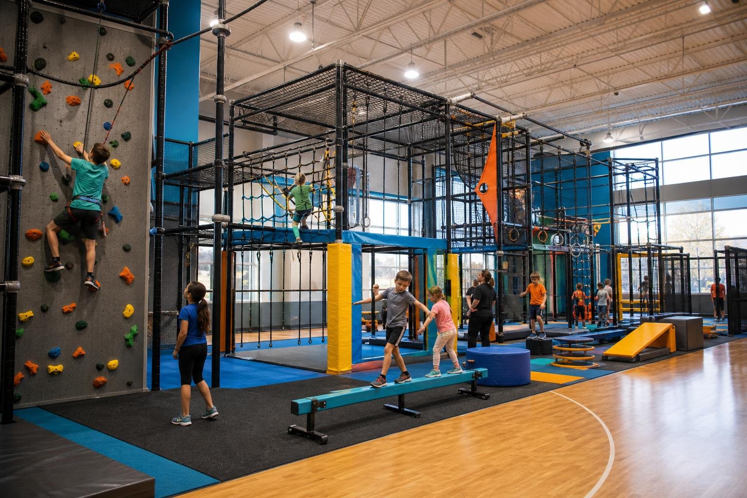 Active sports play zone with climbing wall and obstacle course for a church gym