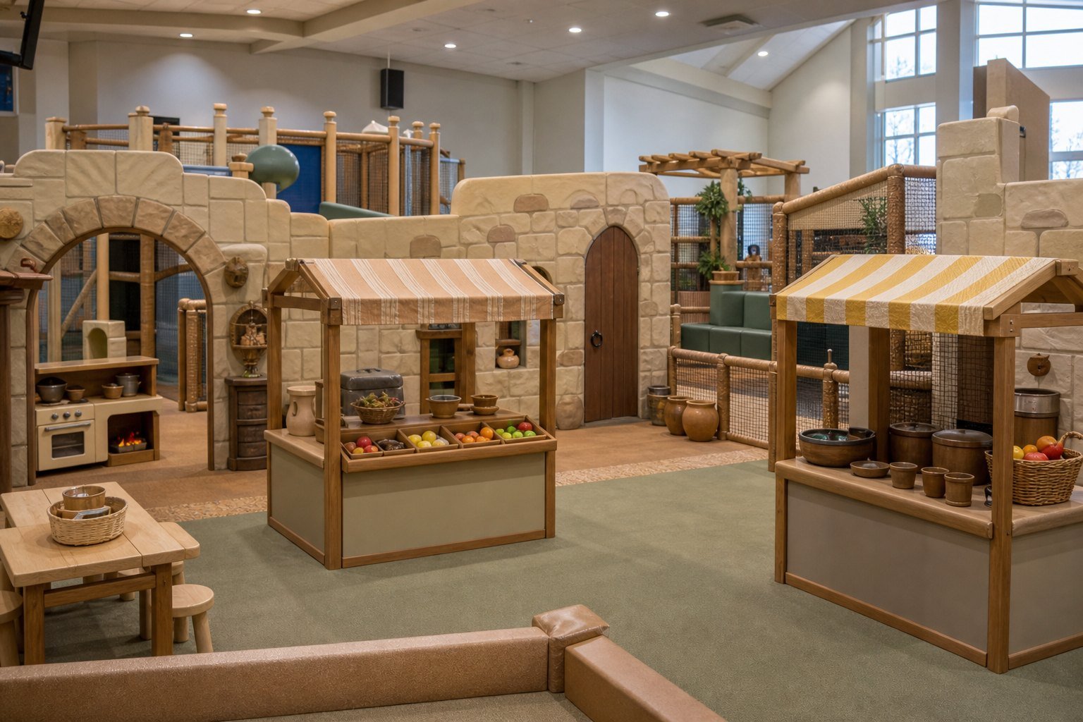 Biblical role play area with child-size marketplace play features