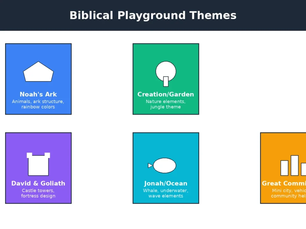 Biblical playground themes comparison showing Noah's Ark, Creation Garden, David and Goliath castle, Jonah ocean theme, and Great Commission city designs