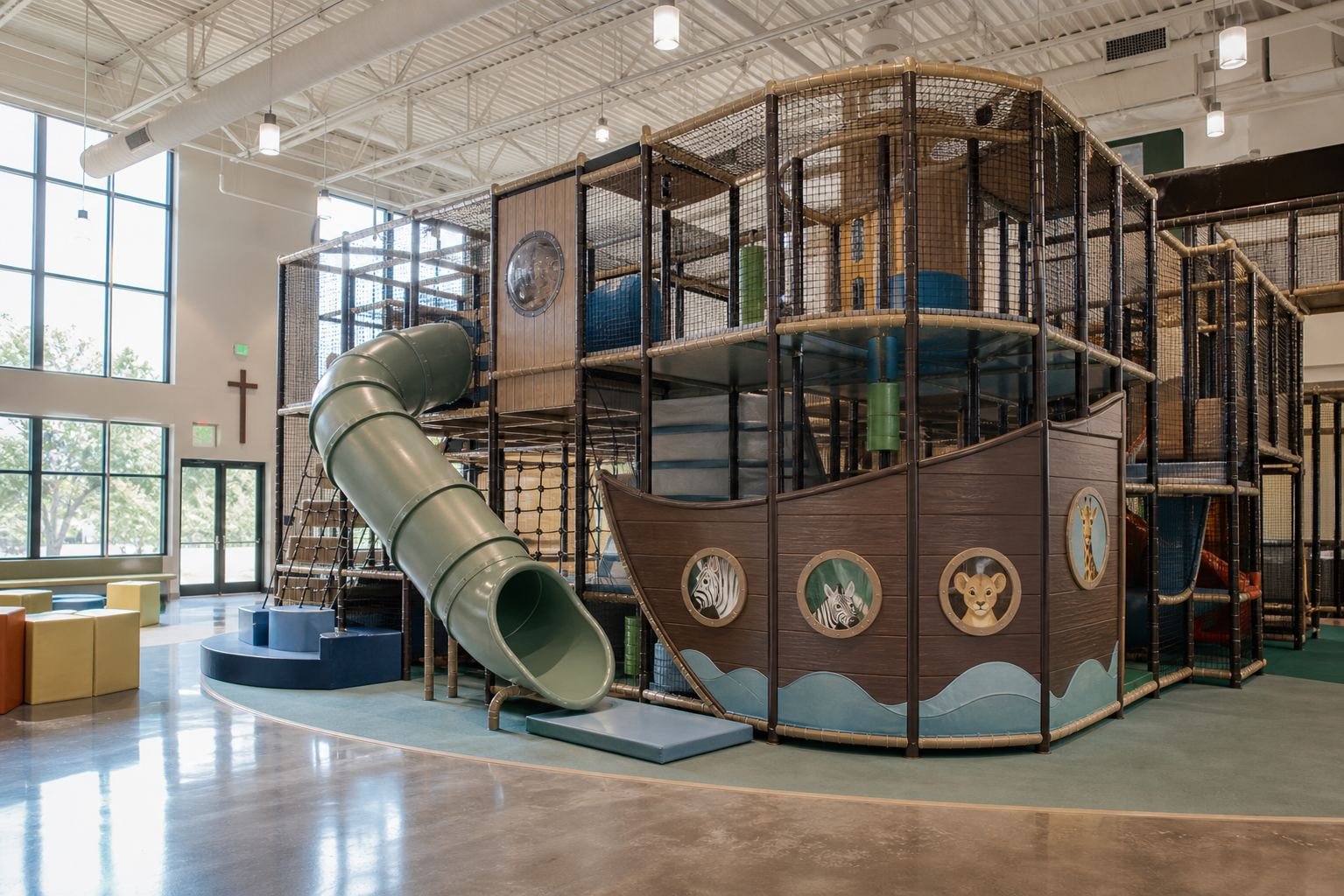 Noah's Ark themed church indoor playground installation in a family life center