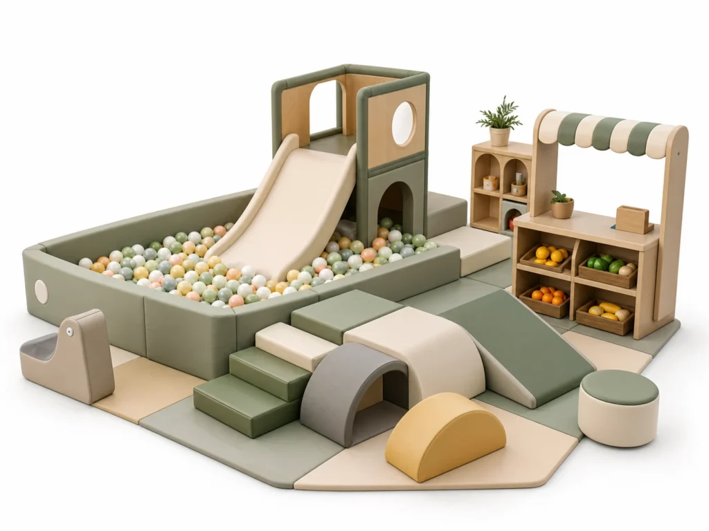 Commercial toddler soft play and role play equipment for a play cafe membership model