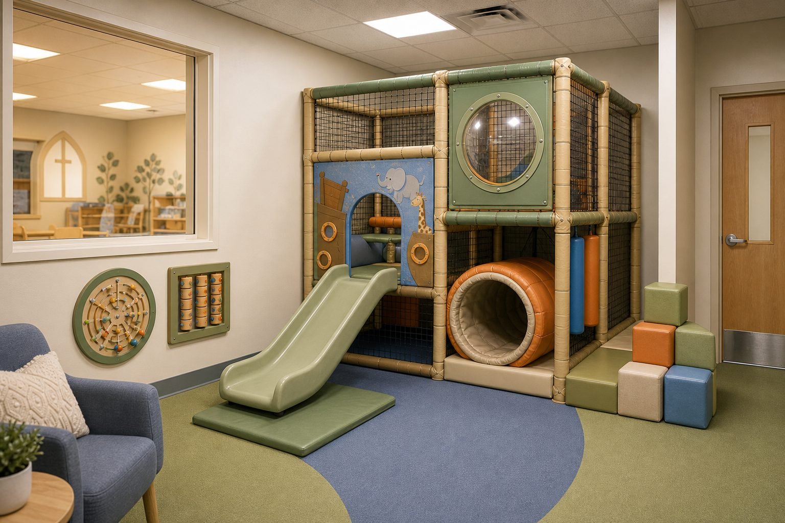 Compact low-ceiling indoor playground installation for a small church nursery