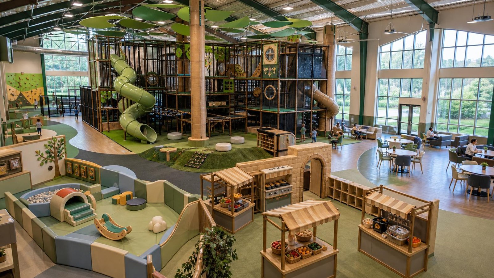 Full church family life center indoor playground installation with multiple play zones